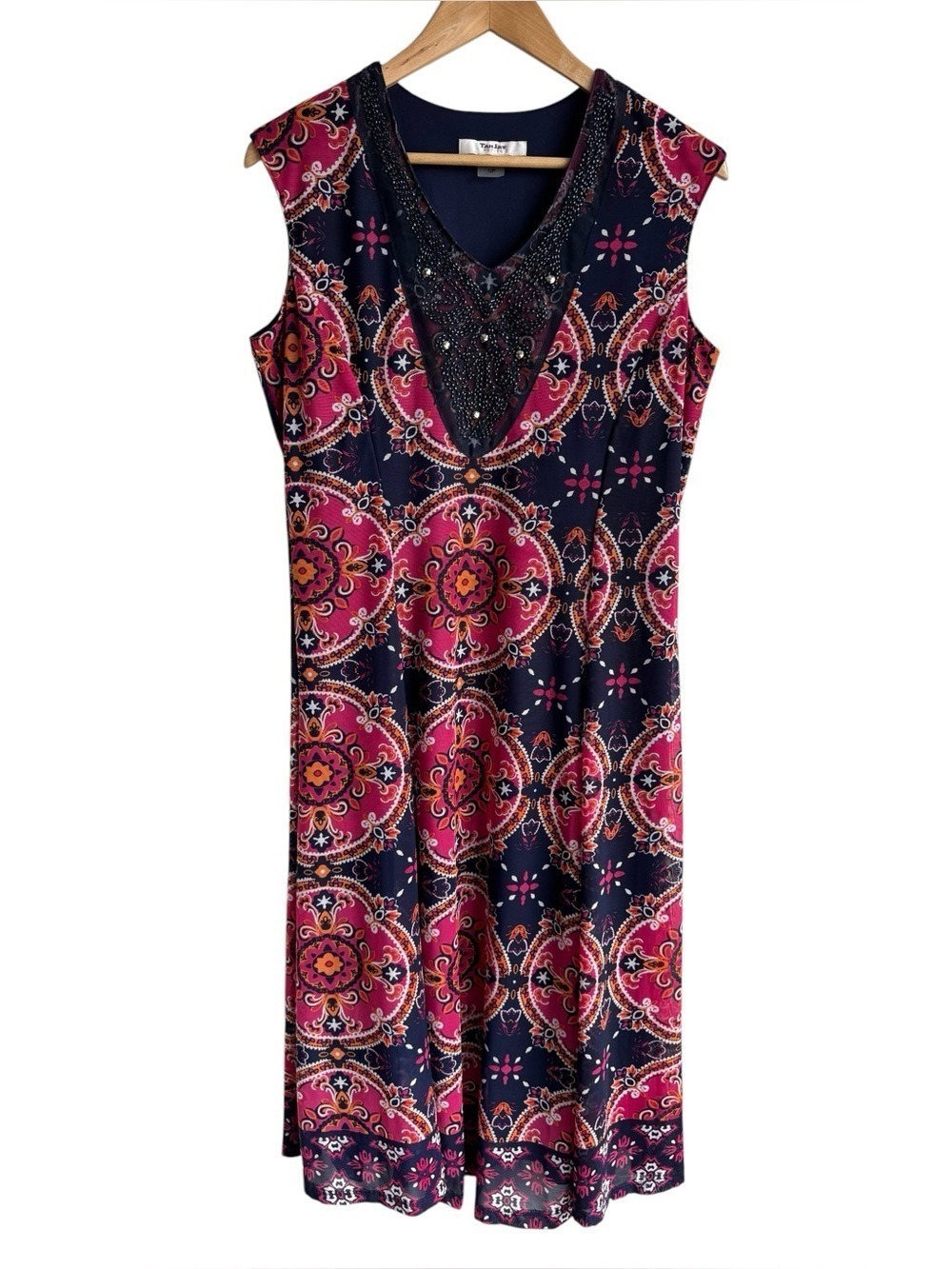 TanJay Sleeveless Maxi Dress Sz 12P Petite Navy Pink Cute Beaded Sundress Party